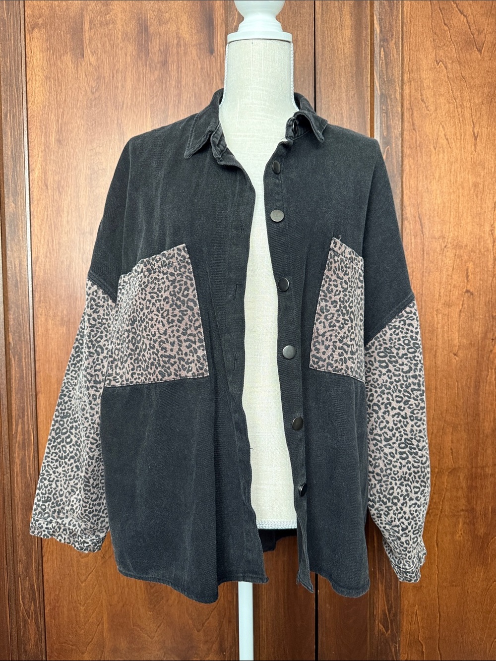 POL Black Jacket with Taupe Leopard Panels
